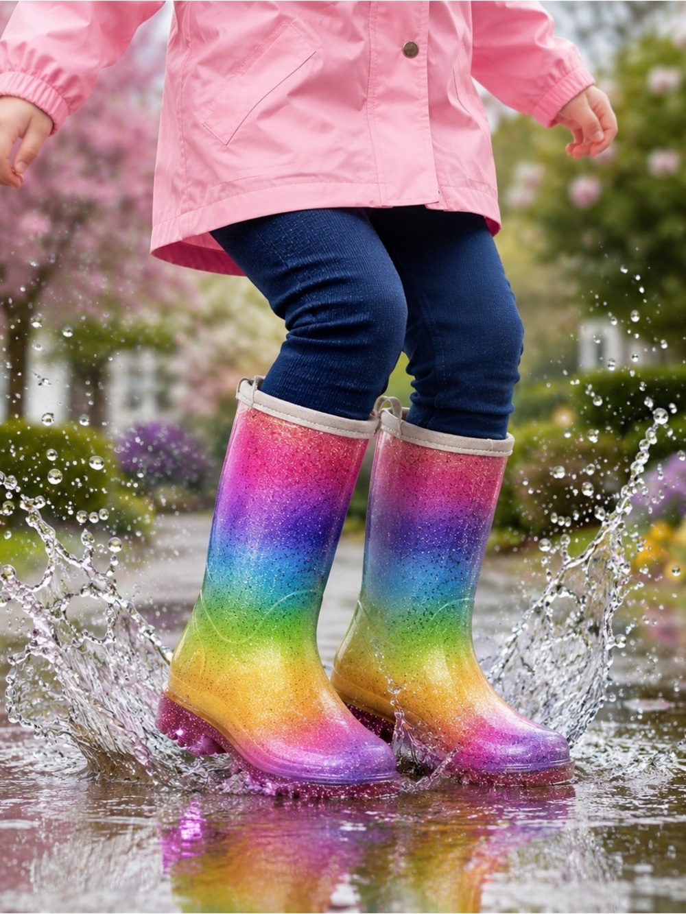 Western Chief Rainbow Sparkle Ombre Glitter Light-Up Fur-Lined Rain Boots Kids 7